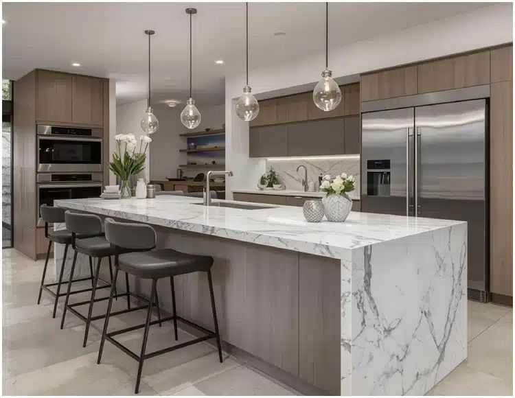 Modern kitchen with custom cabinetry spacious island stone countertops and contemporary pendant lighting