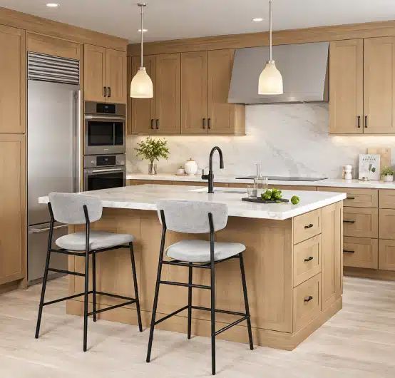 Modern kitchen with flat panel cabinetry large island quartz countertops and contemporary lighting