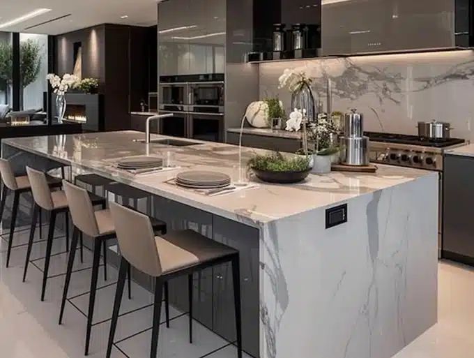 Modern kitchen with sleek wood cabinetry oversized island stone countertops pendant lighting and premium finishes