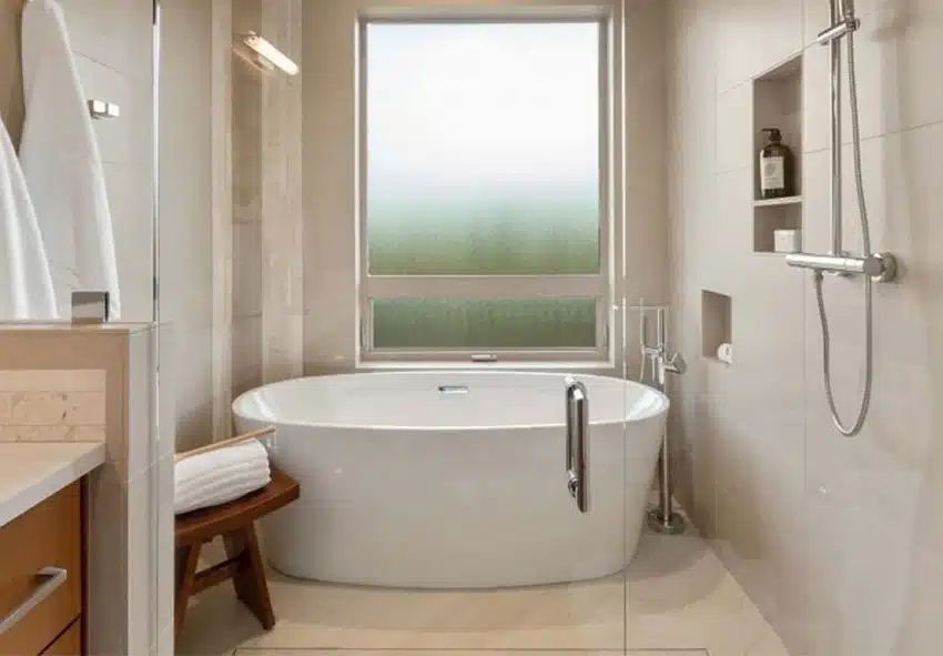 Modern wet room bathroom with open shower glass enclosure tiled walls and floating vanity