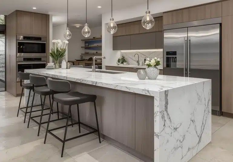 Modern white kitchen with custom cabinets oversized island marble countertops and recessed lighting